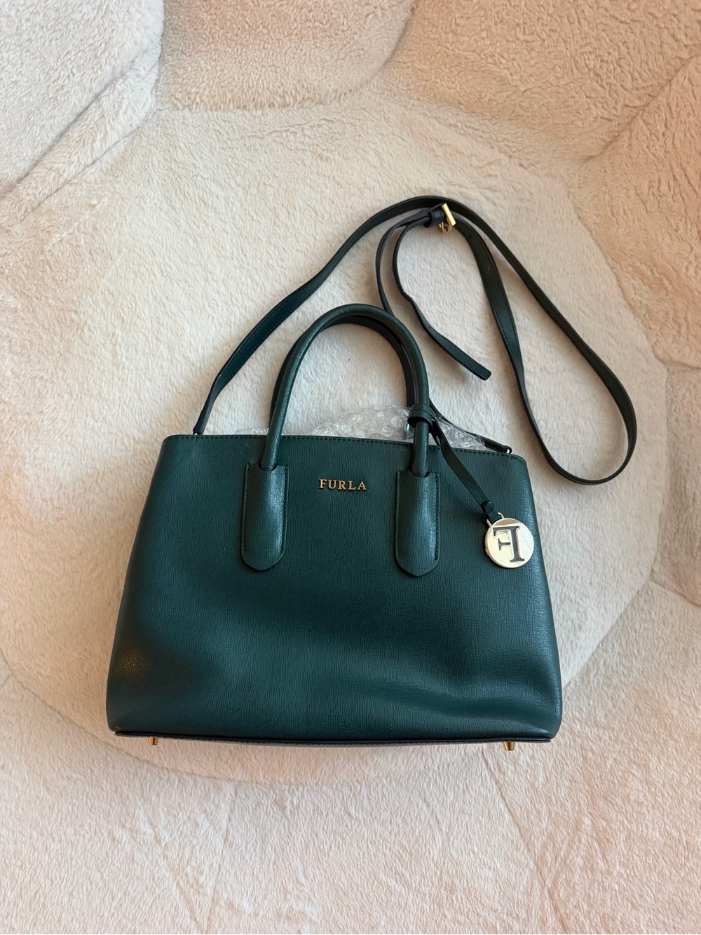 Furla Emerald Green Leather Satchel with crossbody Shoulder Strap